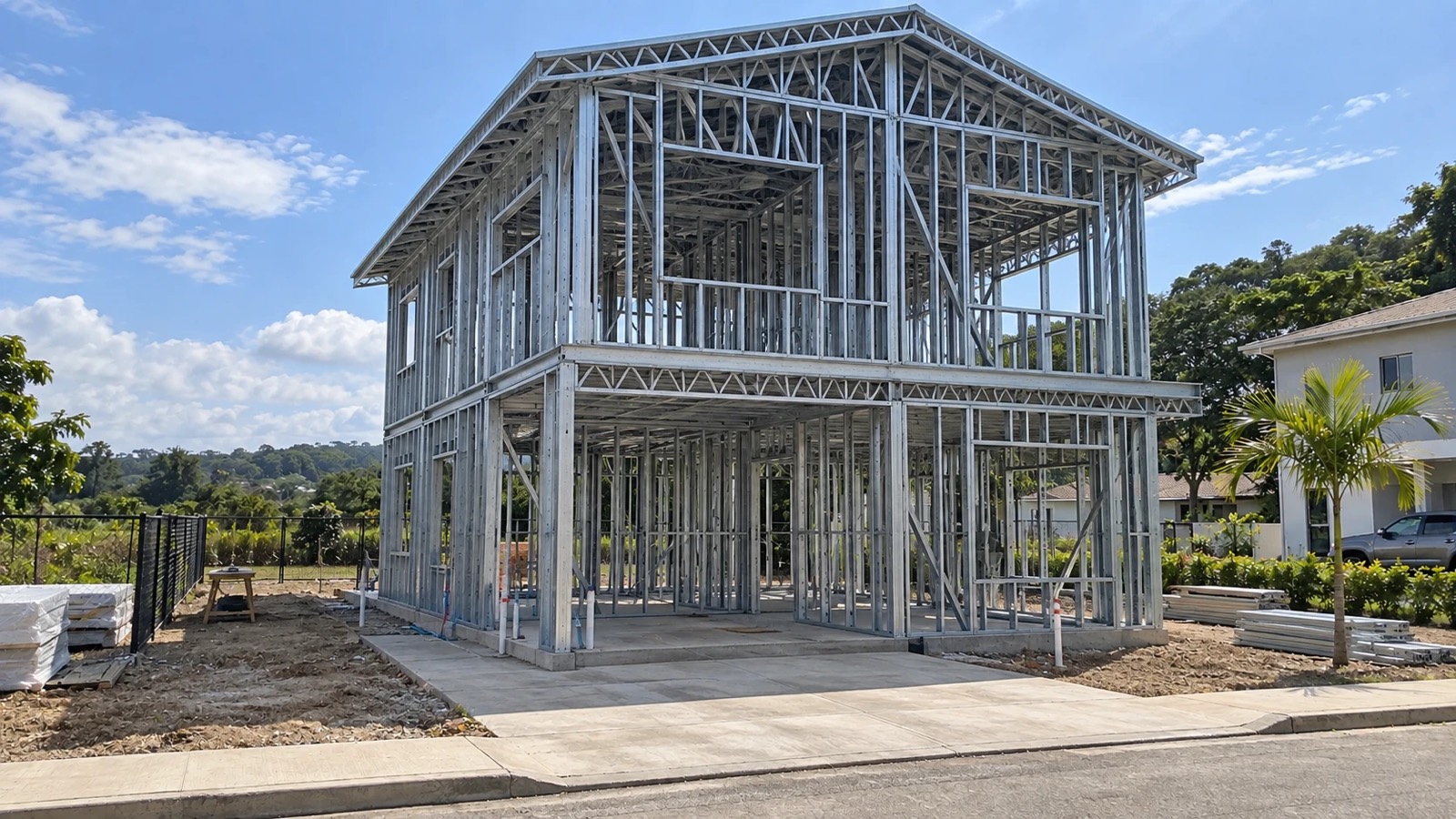 Estructura completa en acero conformado en frío de una casa de dos pisos, con paneles de muro, vigas de entrepiso en celosía y cerchas de cubierta