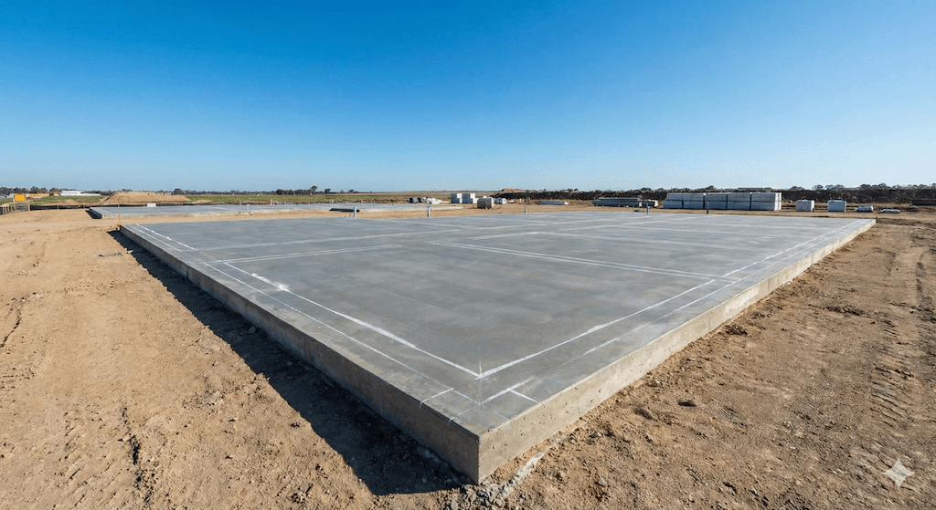 Poured concrete foundation, cured and leveled, with shop layout lines marked.