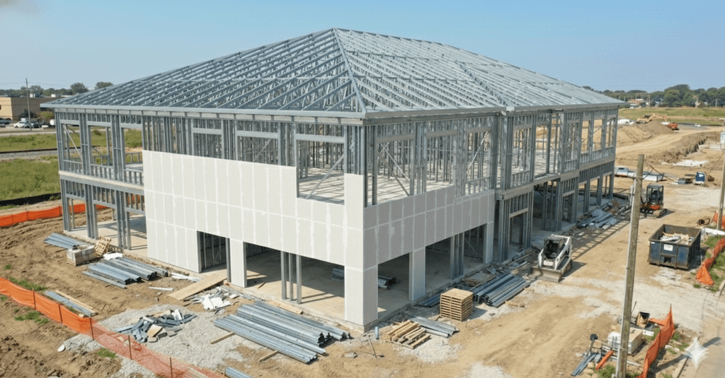 Exterior sheathing and insulation filling stud cavities.