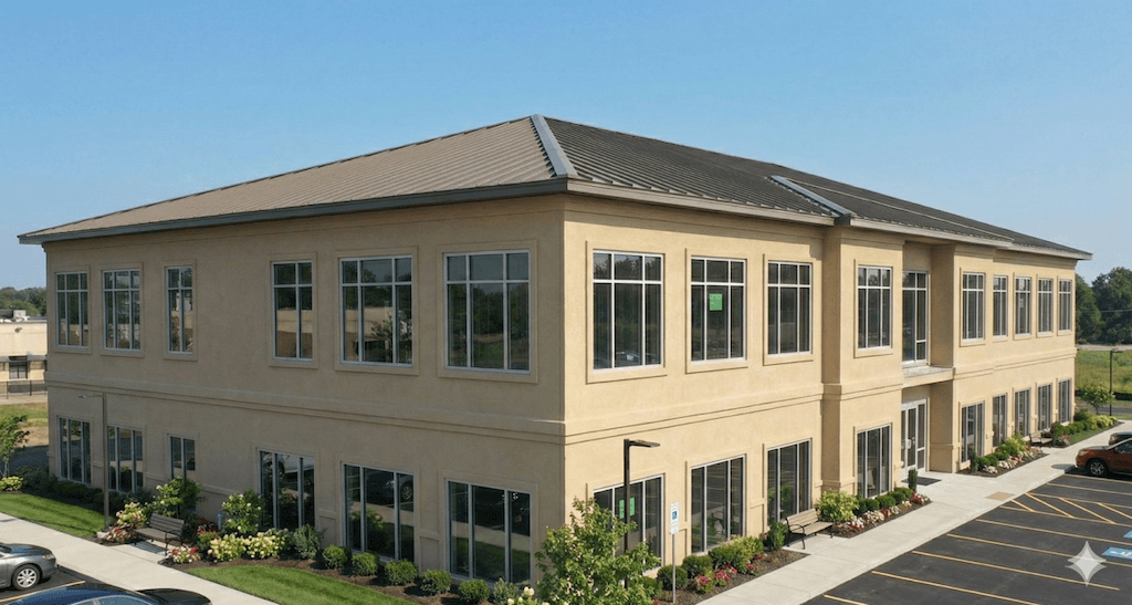 Completed building with EIFS facade, windows and metal roofing.